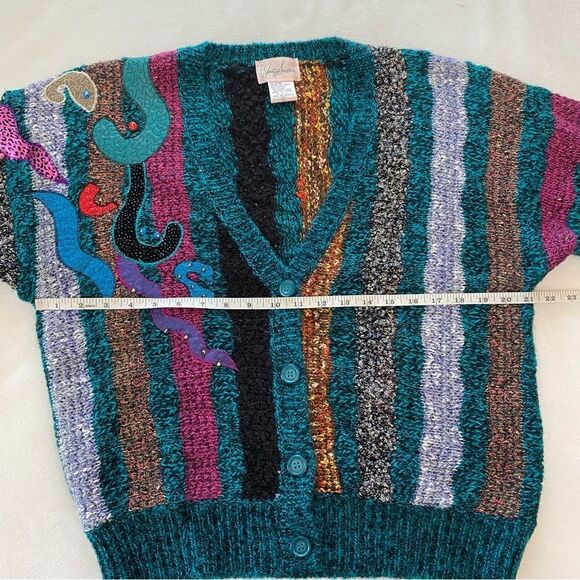Unique Vintage Jaclyn Smith Embroidered Patchwork Teal Sweater Size Large - Picture 10 of 12